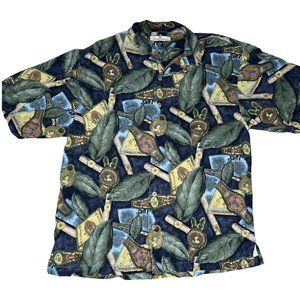 Tommy Bahama Mens Medium M Black Cuban Cigar Print 100% Silk Button Down Shirt
